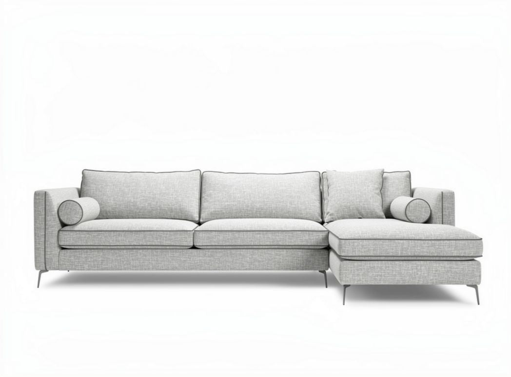Sofa narożna z szarym materiałem wymiary 230 x 90 x 85cm