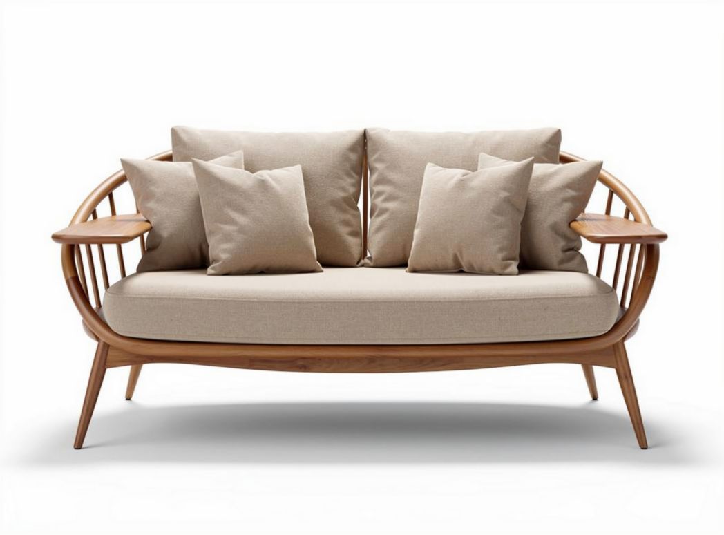 Sofa z drewna w kolorze naturalnym z poduszkami w odcieniu beżu 200 x 85 x 75cm
